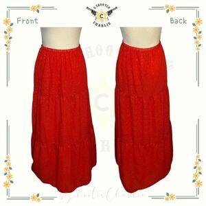 RARE True Beauty By Emme Womens Long Tiered Lined Skirt Red Eyelet Lace Size 14